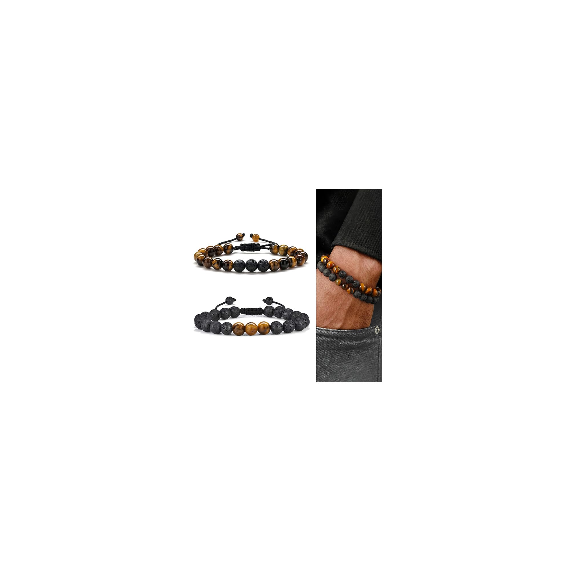 M MOOHAM Natural Stone Bracelets for Men - 8mm Tiger Eye, Matte Agate, Lava Rock - Teen Boys Gifts for Birthday, Anniversary, Christmas