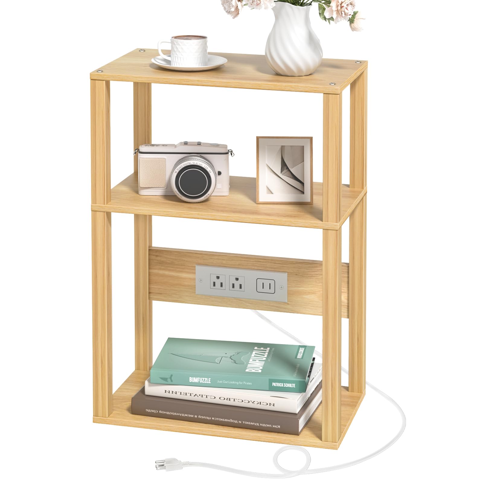 3-Tier Small Narrow Wood Side Table with Charging Station, Skinny Nightstand for Small Space, Slim Bedside Table with Storage for Couch, Thin End Table with USB Ports and Outlets, White