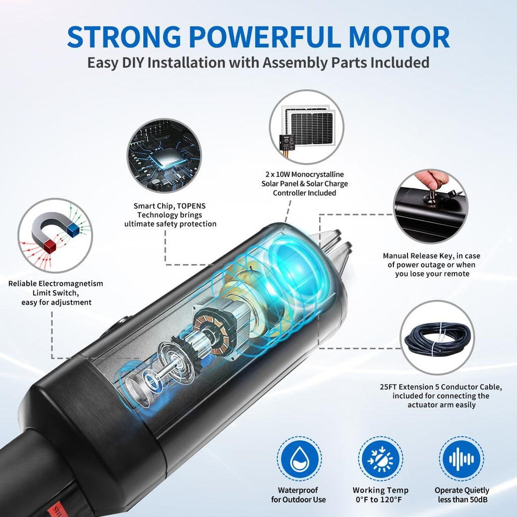 TOPENS AD8S Automatic Solar Gate Opener for Heavy Duty Dual Swing Gates Up to 18ft per Arm, Dual Swing Gate Operator Battery Powered with Remote Control Kit Gate Motor Solar Panel Included