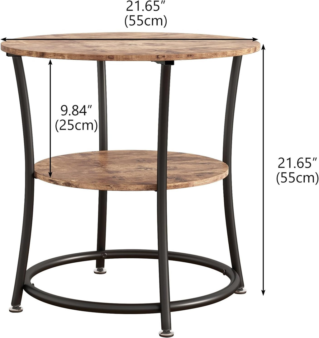 BOFENG Side Table,Round End Table with 2 Storage Shelves for Living Room, Bedroom,Small Spaces,Coffee Table Nightstand with Sturdy Metal Frame,Easy Assembly,Rustic Brown