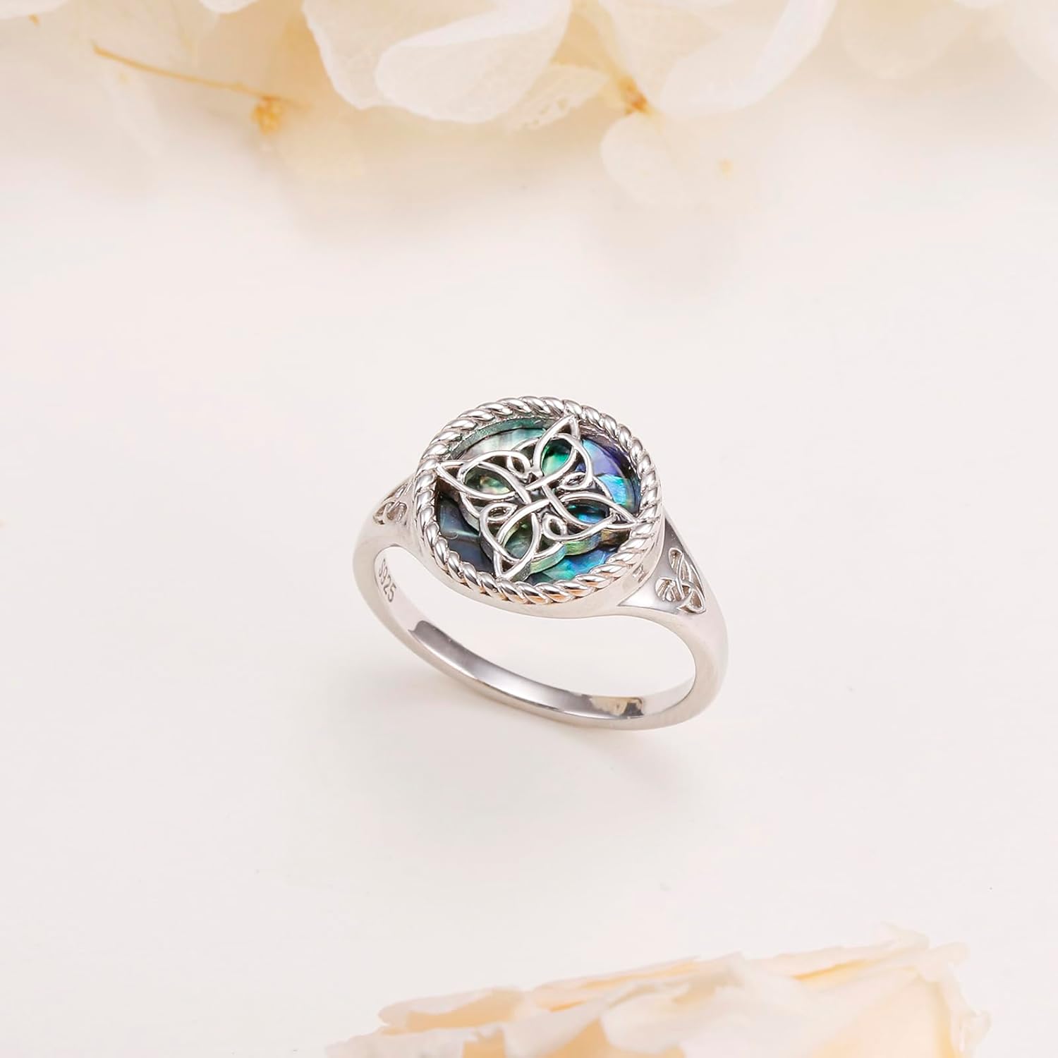 Witches Knot Ring for Women 925 Sterling Silver Abalone Shell Celtic Knot Rings Protection Irish Jewelry for Women