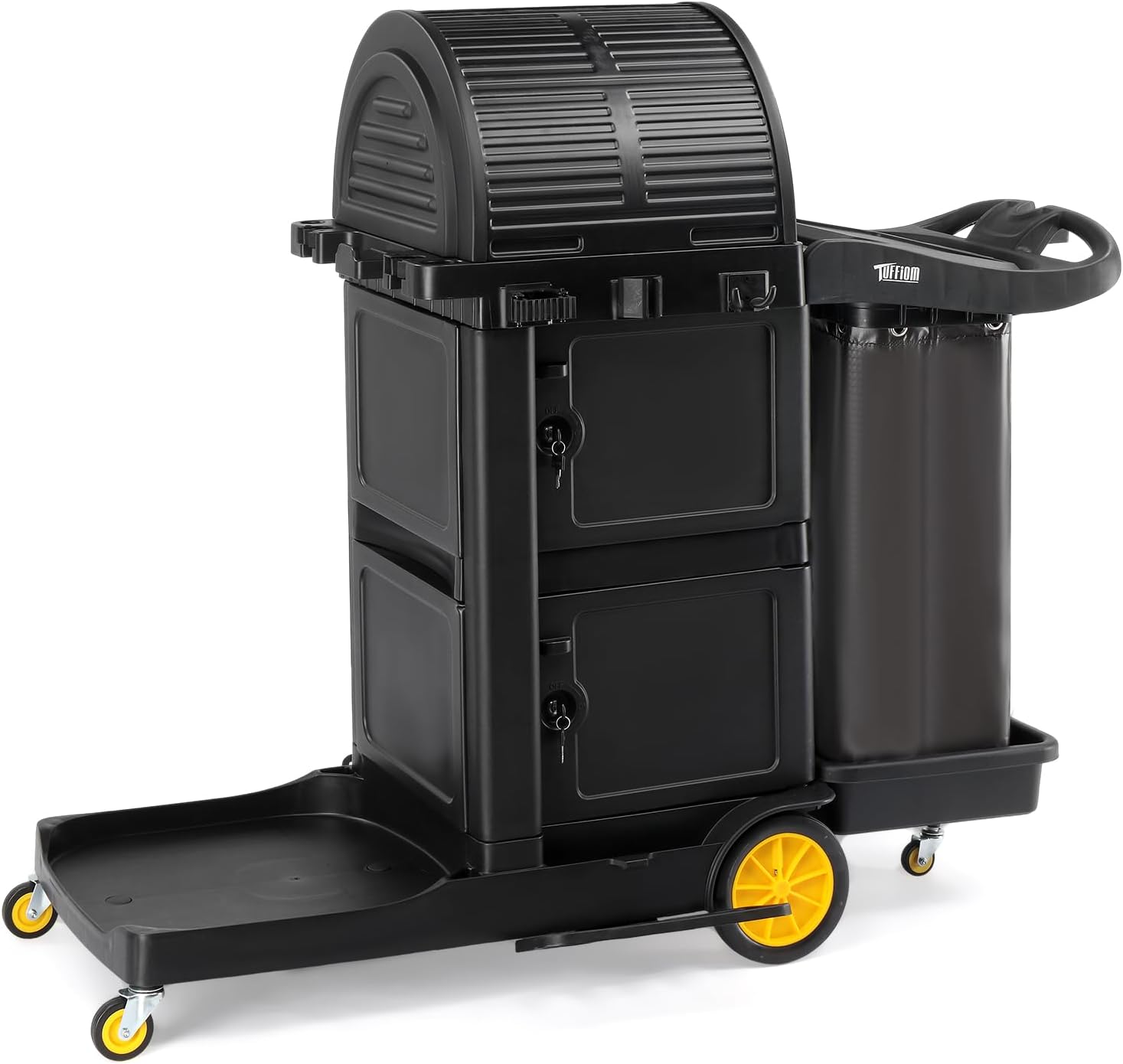 TUFFIOM Janitorial Cart with Key-Locking Cabinet, 3-Shelf Commercial Cleaning Cart with Wheels, Housekeeping Caddy with Locker, Black, Great for Hotel, Stores, Schools, and Business