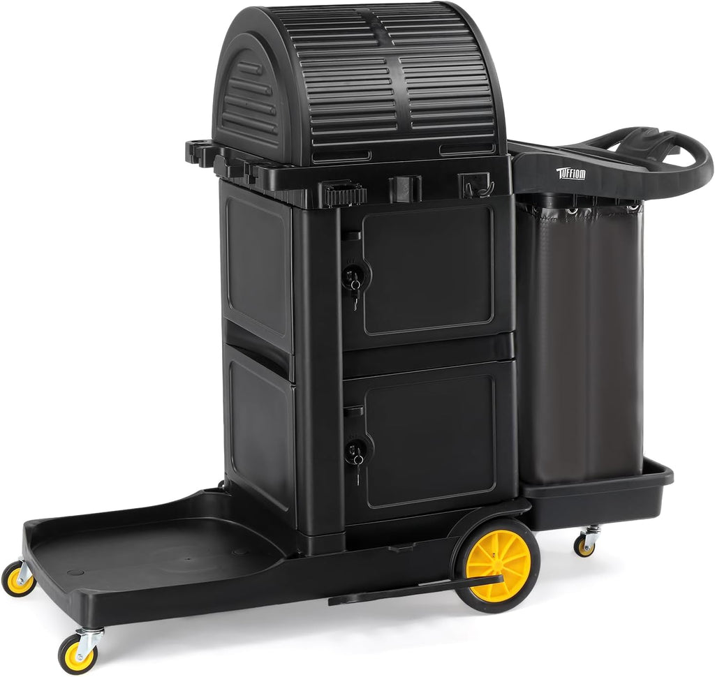 TUFFIOM Janitorial Cart with Key-Locking Cabinet, 3-Shelf Commercial Cleaning Cart with Wheels, Housekeeping Caddy with Locker, Black, Great for Hotel, Stores, Schools, and Business