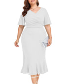 LALAGEN Plus Size Dress for Women Modest Short Sleeve Ruched Bodycon Mermaid Cocktail Midi Dresses White 3X-2