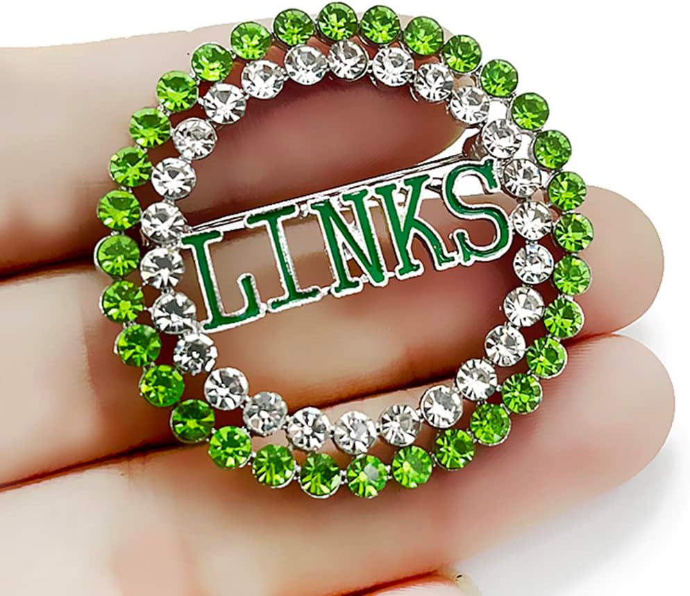 Exquisite green rhinestone inlaid round LINKS letter metal brooch the links incorporated society jewelry pin