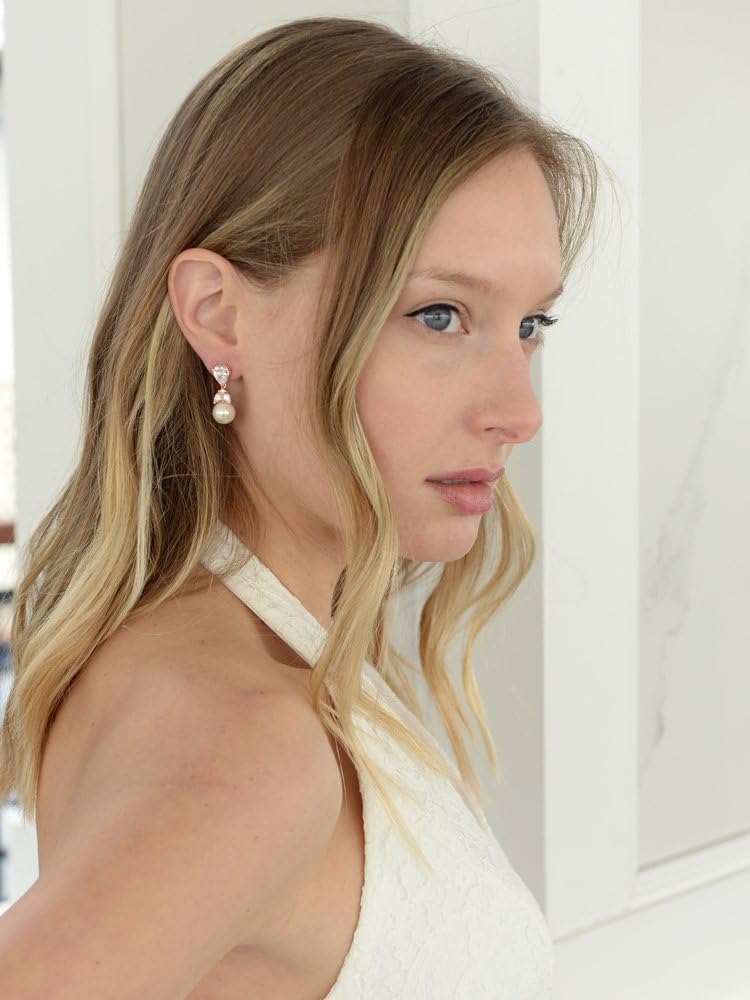 Mariell Pearl Drop Bridal Earrings with Cubic Zirconia Crystals and Ivory Pearls For Brides, Bridesmaids, Weddings, Jewelry Gift for Women