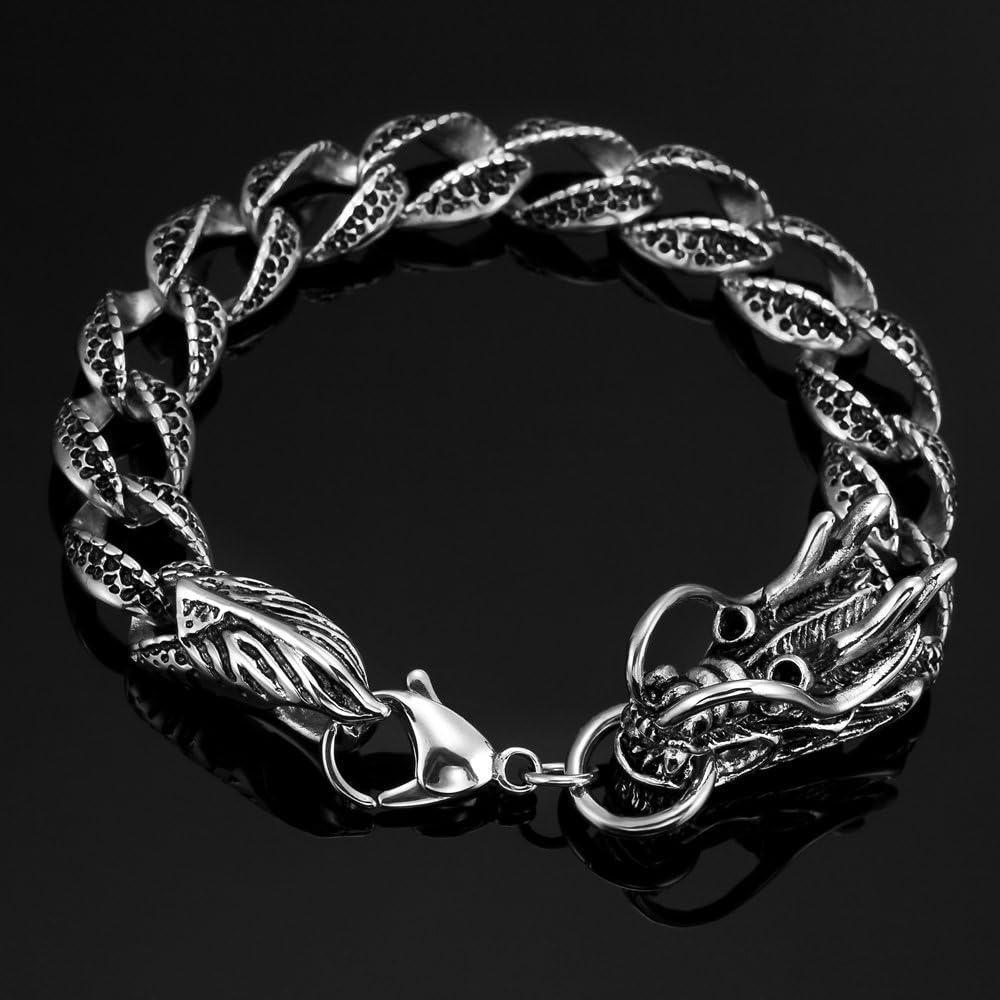 Urban Jewelry Vintage Style Dragon Link Stainless Steel Men Bracelet 8.2 Inch (Silver, Black)