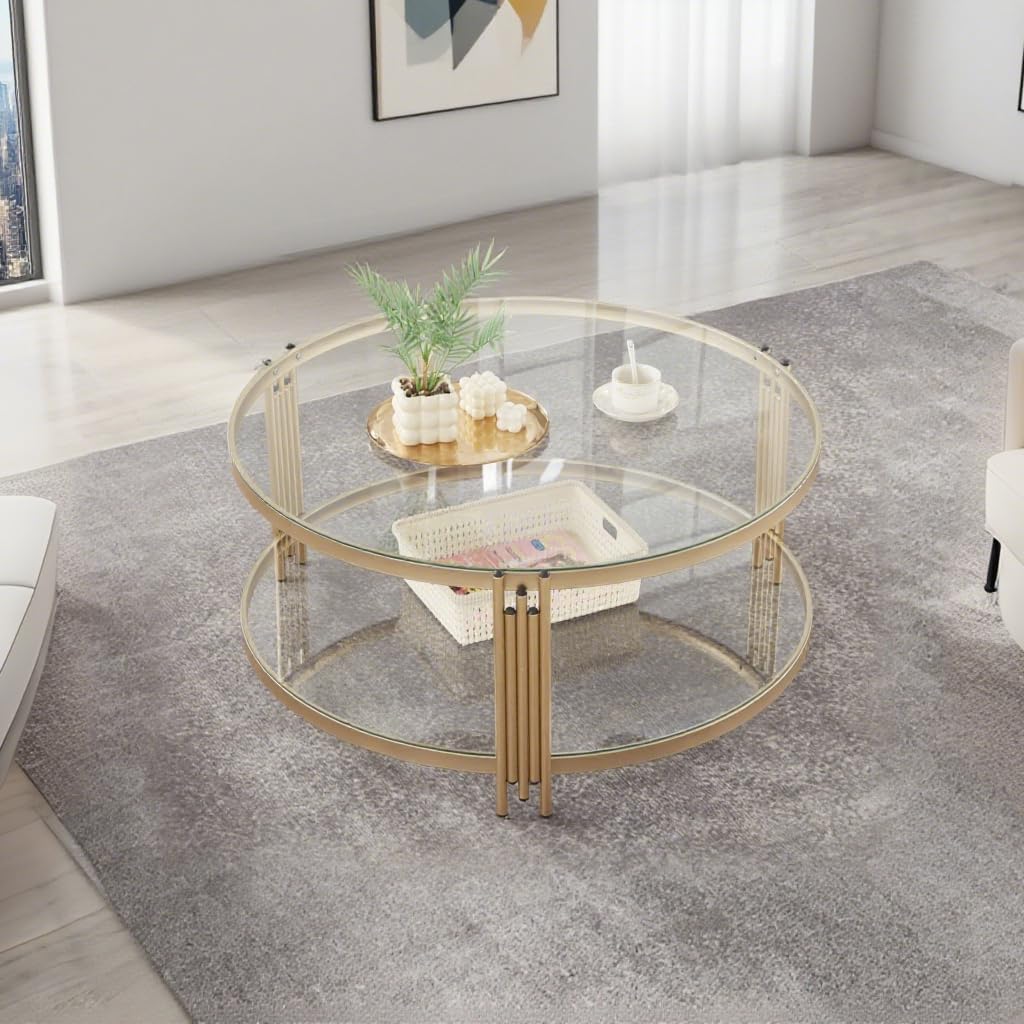 Gold Glass Coffee Table for Living Room, 36" Round Glass Coffee Table with Metal Frame, 2 Tier Circle Coffee Table for Home, Office, Apartment