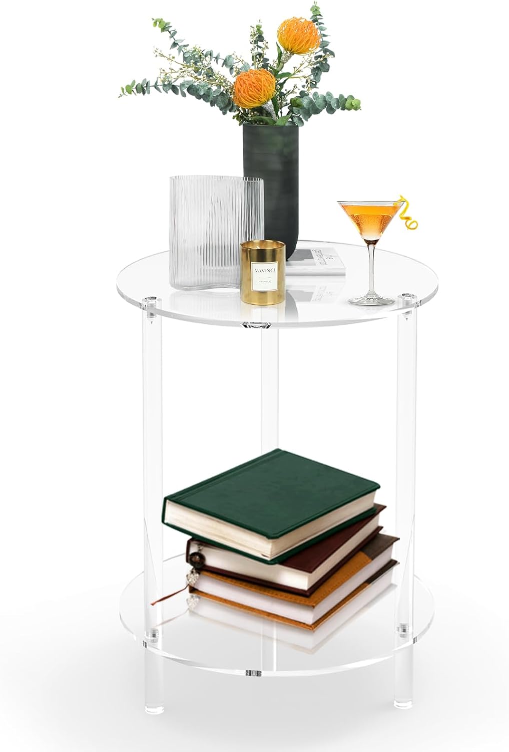 Clear Acrylic Round Side Table for Small Spaces, Acrylic Clear Coffee/End/Bedside Table,2-Tier Acrylic Nightsand/Furniture for Living Room, Bedroom, Bathroom, Garden, Office