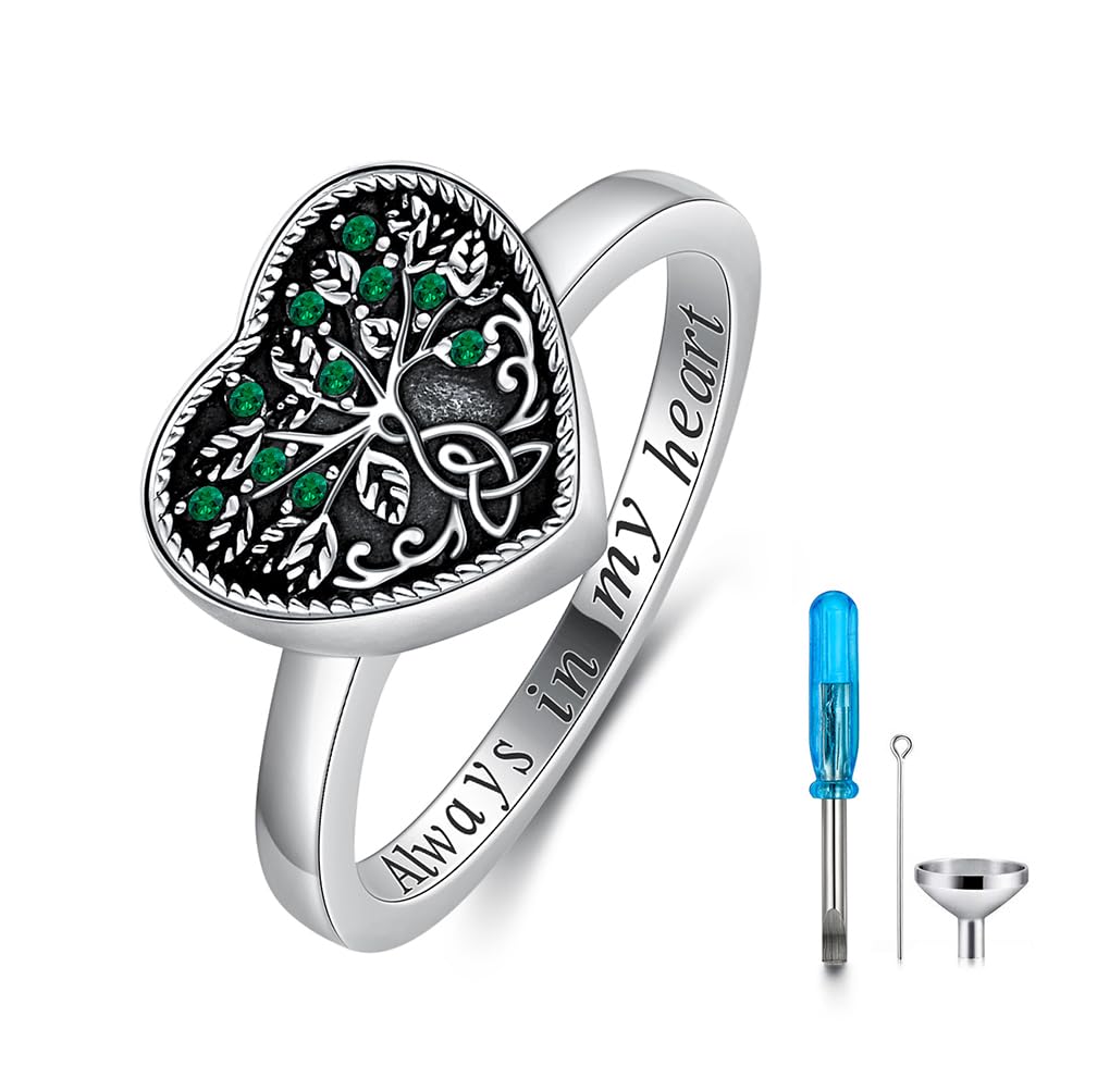 AOBOCO 925 Sterling Silver Heart Celtic Tree of Life Cremation Urn Ring Holds Loved Ones Ashes, Always in My Heart Urn Ring for Ashes for Women, Memorial Keepsake Jewelry Embellished with Crystals from Austria