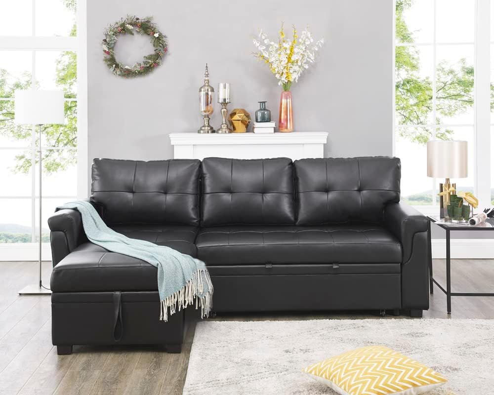 Naomi Home Jenny Sectional Sofa Sleeper with Storage Chaise, Tufted Pull Out Couch with Storage, Sectional Bed, L-Shaped Reversible Sleeper Sofa, Black,Air Leather
