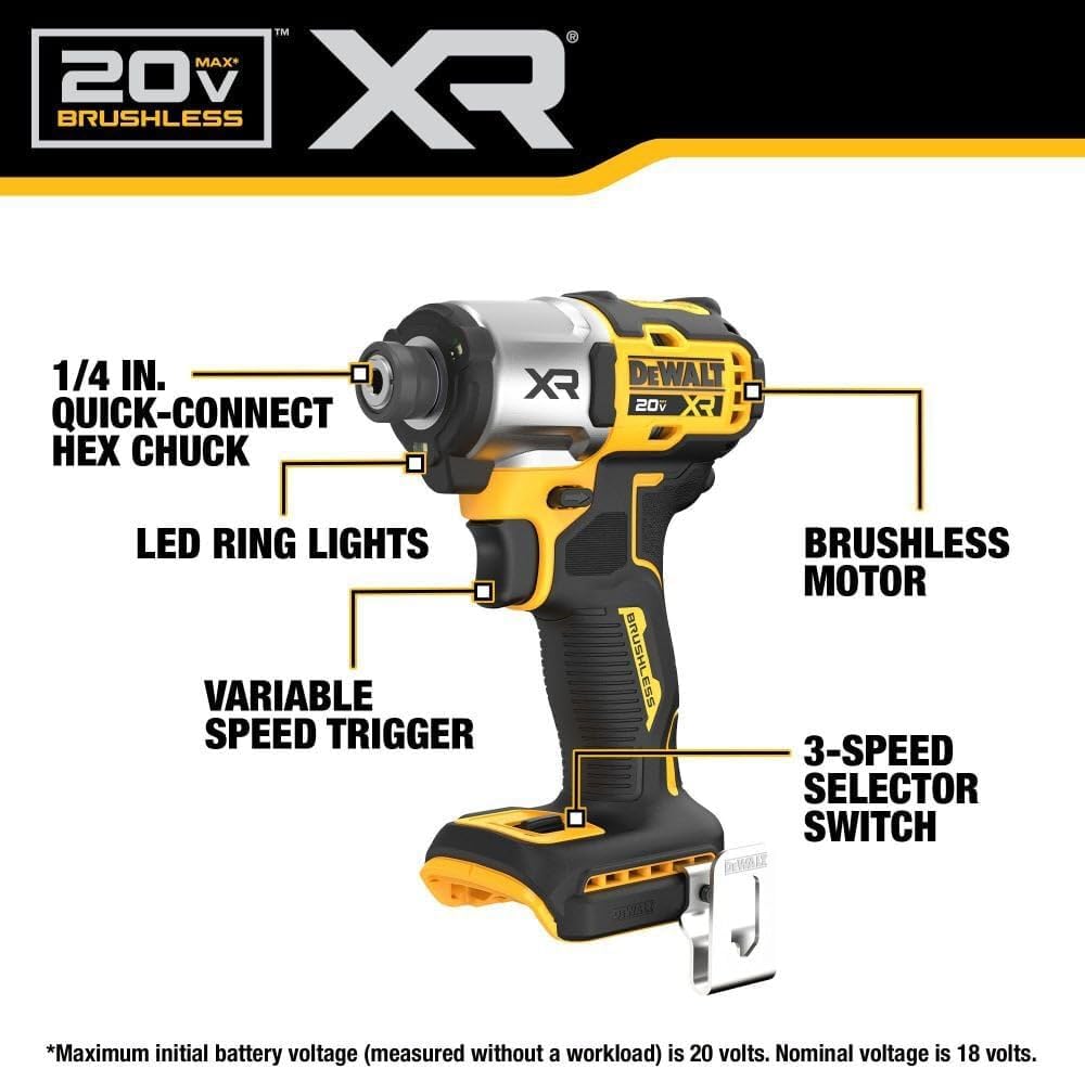 DEWALT 20V MAX XR Impact Driver, Brushless, 1/4", 3-Speed, Bare Tool Only (DCF845B)