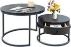Round Nesting Coffee Tables Set: Gray Marble End Tables Set of 2 - Modern Metal Stacking Side Tables for Living Room Small Spaces