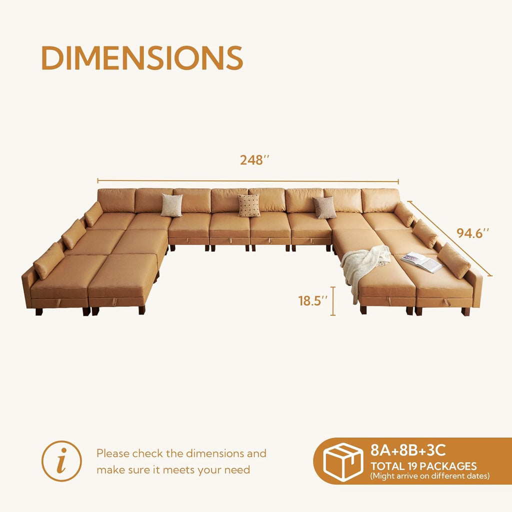 Large Modular Sofa, 248'' Sectional Sofa, Living Room Couch Sets with Storage, 16 Seats Big Couch for House, Office,Villa, Tan