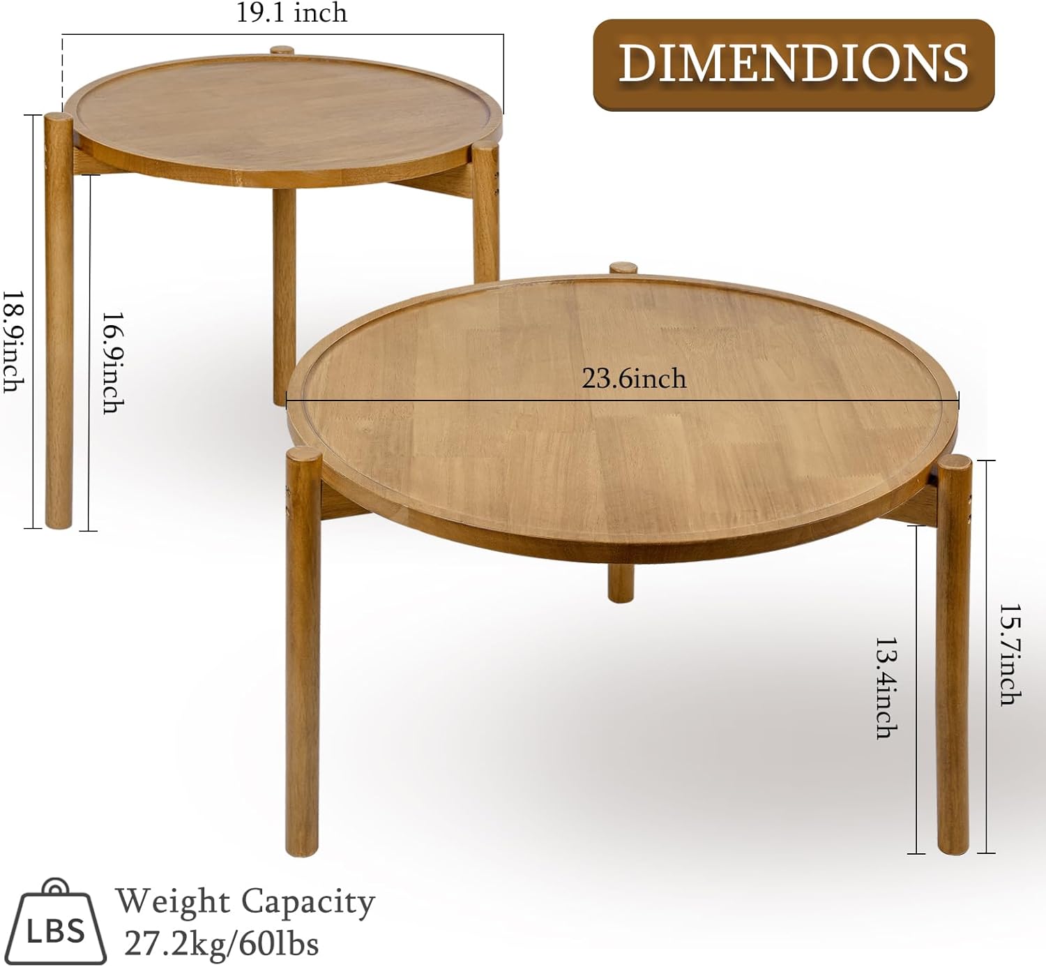 Wooden Round Nesting Coffee Tables Set of 2,Round End Table,Small Nesting Tables,Side Table,for for Living Room Bedroom Balcony by Solid Wood