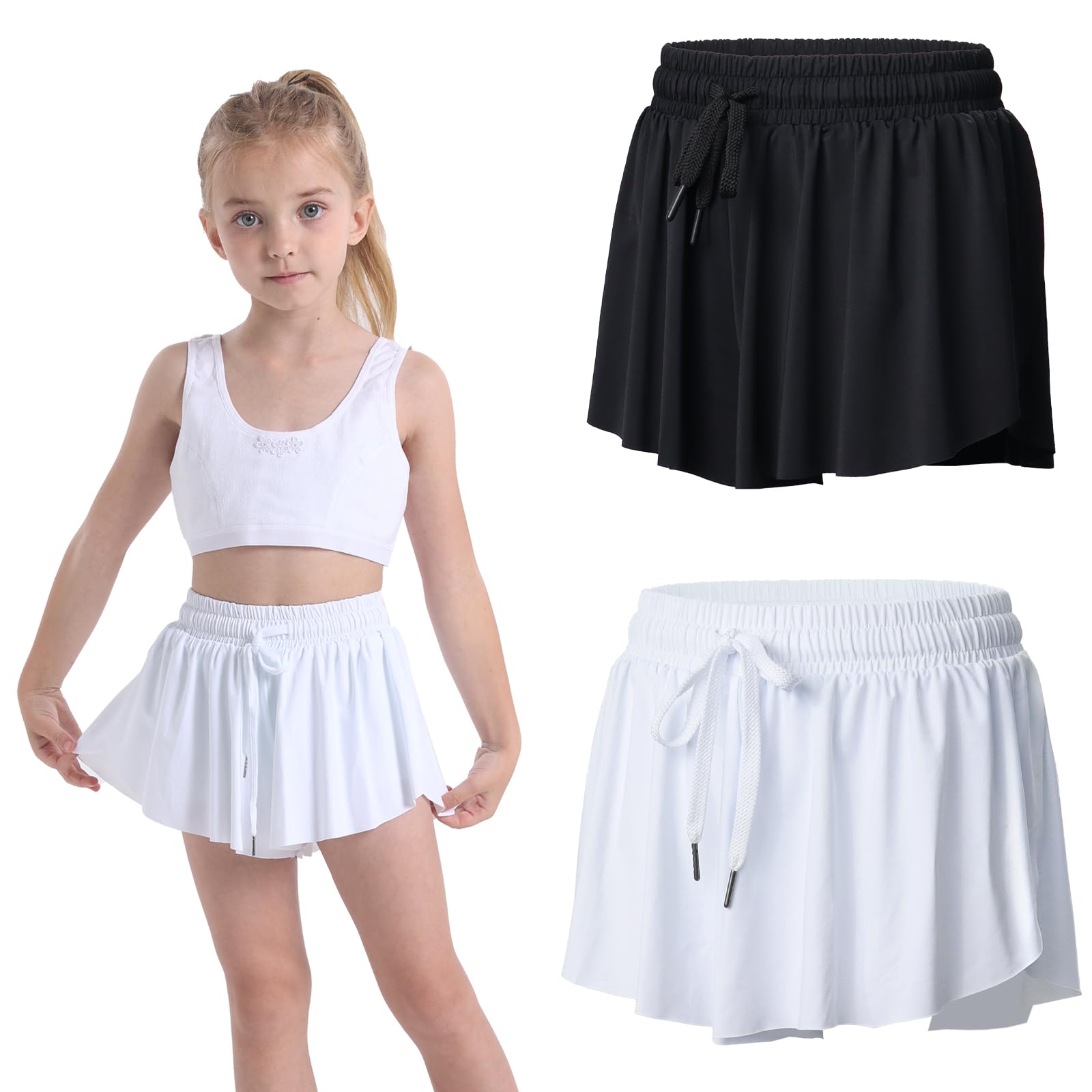 2 STK Piger Flydende Sommerfugle Shorts 2 i 1 Ungdom Sød Atletisk Shorts med Lommet til Fitness Løb Sport Dans Sort Hvid