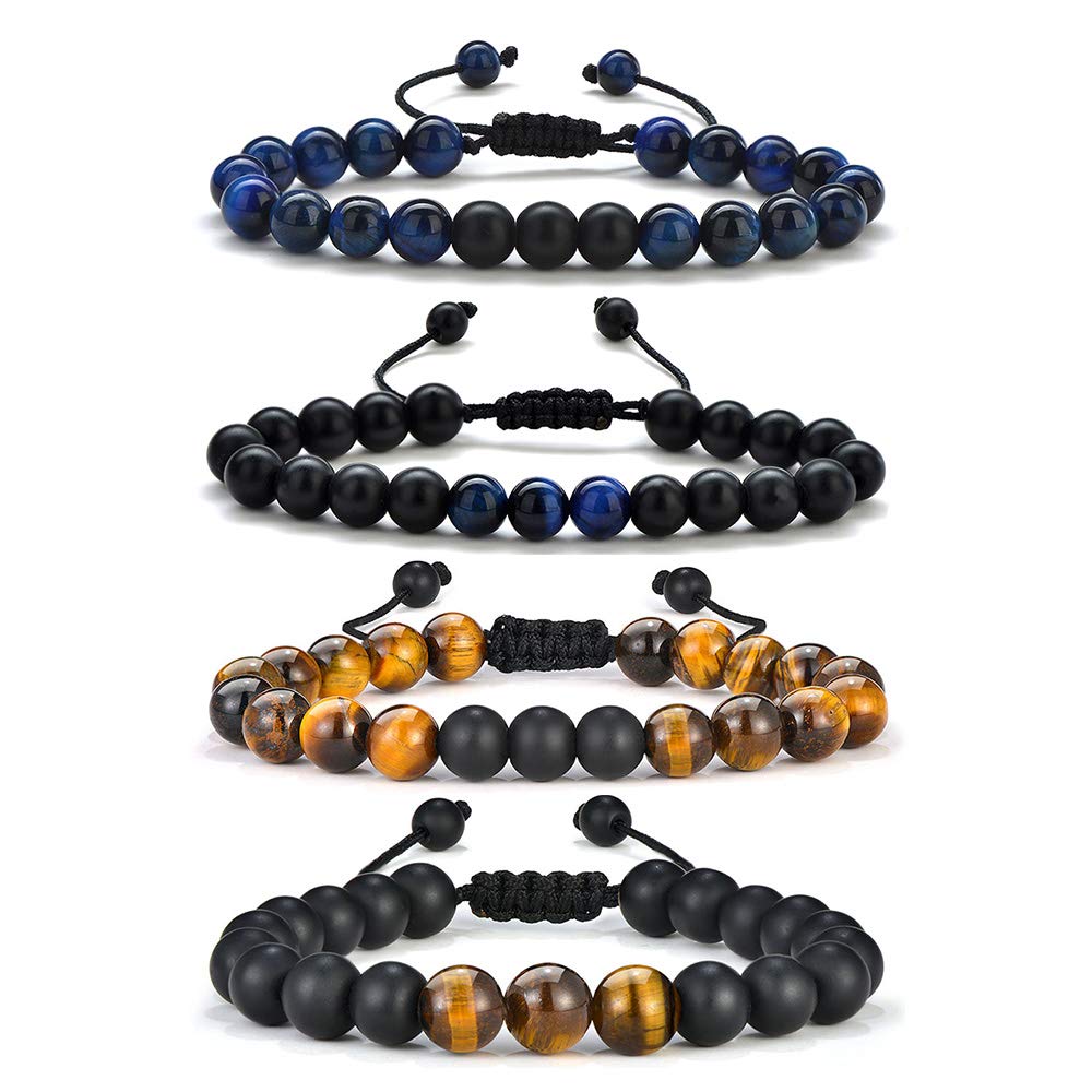 M MOOHAM Natural Stone Bracelets for Men - 8mm Tiger Eye, Matte Agate, Lava Rock - Teen Boys Gifts for Birthday, Anniversary, Christmas