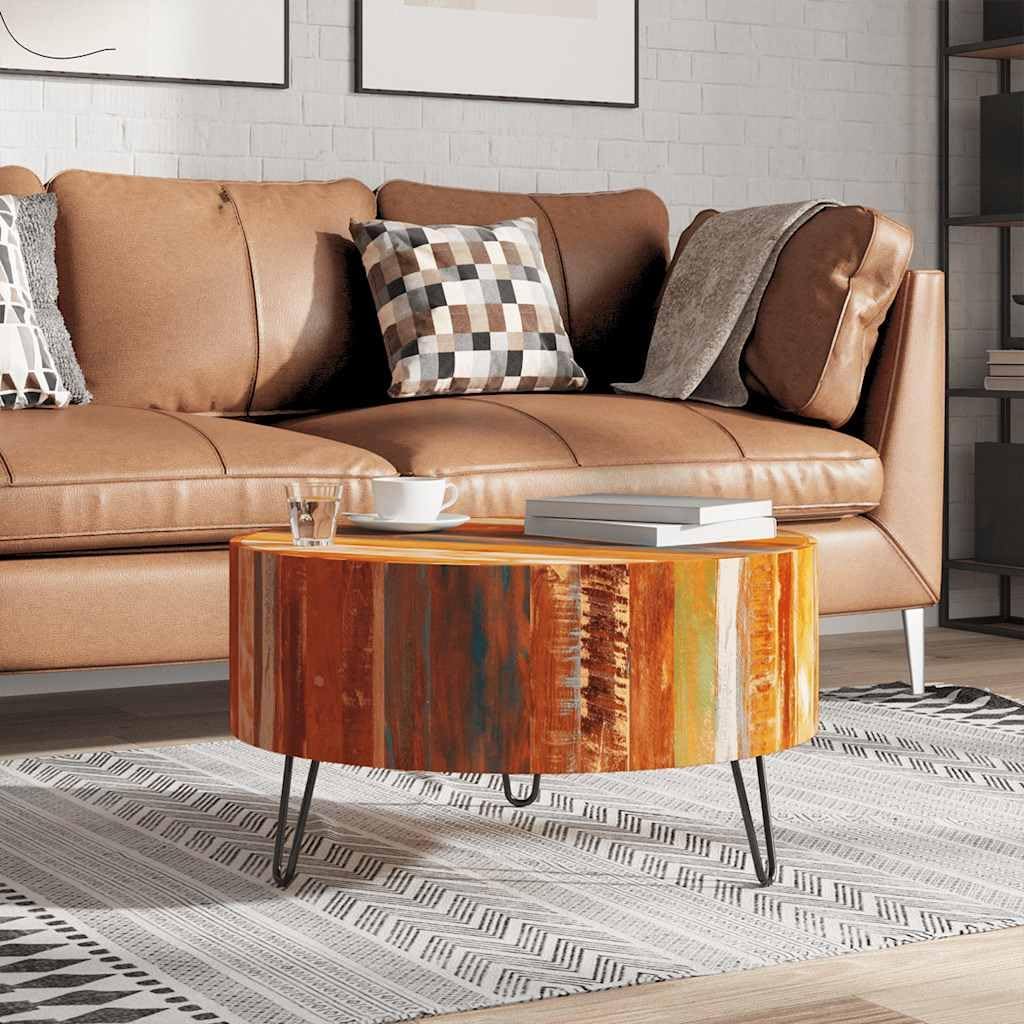 vidaXL Coffee Table, Round Center Table, Solid Reclaimed Wood, Iron Legs, Fully Handmade, Multicolor, Living Room, 27.6" Diameter x 15.0"