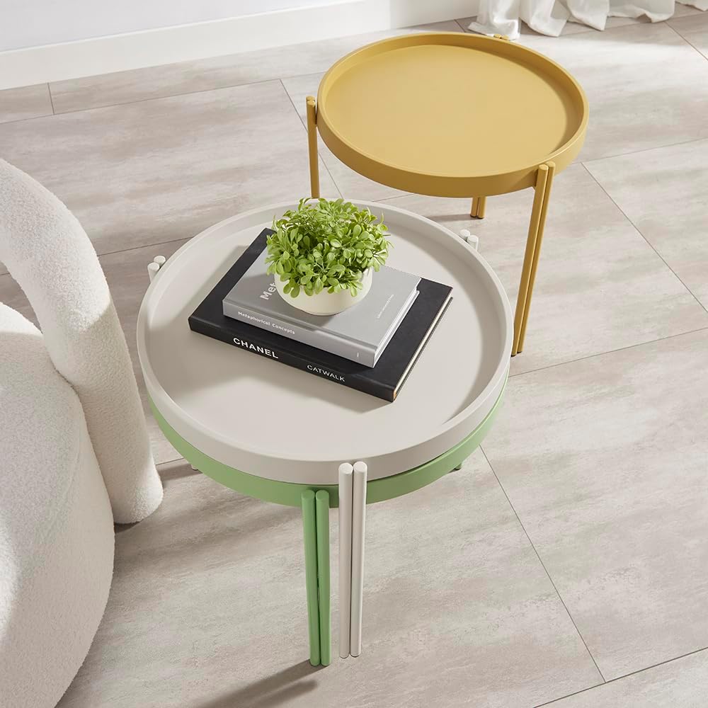 Stackable Nesting Plastic Coffee Table with Metal Legs, Outdoor End Table Set, Colorful Nightstands, Color Fun Living, Beding, Patio Table Sets, Quick Assembly, Set of 3, (Yellow, White, Green)