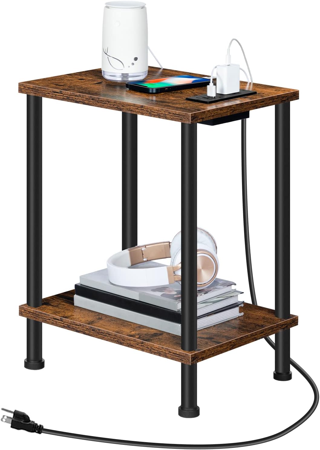 HOOBRO Side Table with Charging Station, End Table with USB Ports and Outlet, Nightstand with 2-Layer Storage Shelves for Small Spaces, Living Room, Bedroom, Stable Frame, Rustic Brown BF09UBZ01