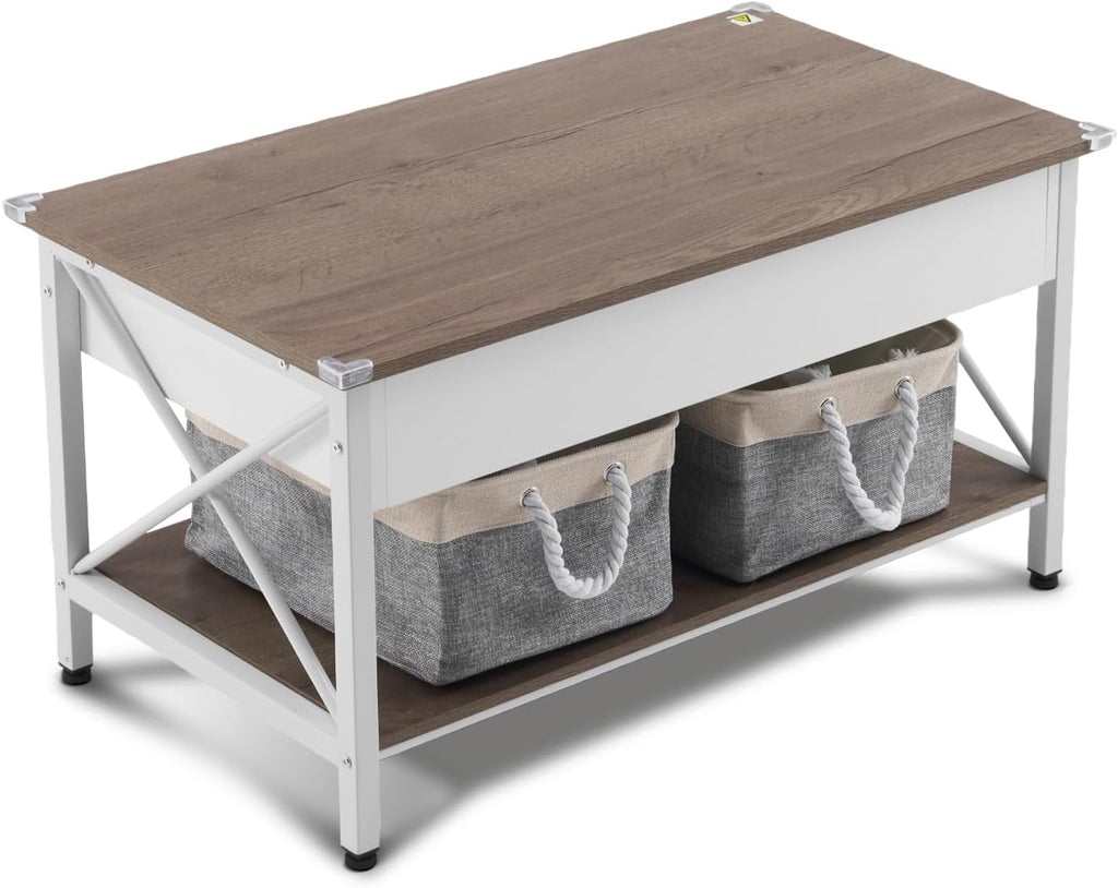 VINGLI 36" Lift Top Coffee Table with Free Cloth Storage Bins, White Walnut Framhouse Coffee Tables for Living Room, Small Modern Coffee Table for Small Space in Minimalistic Style, Dark Walnut