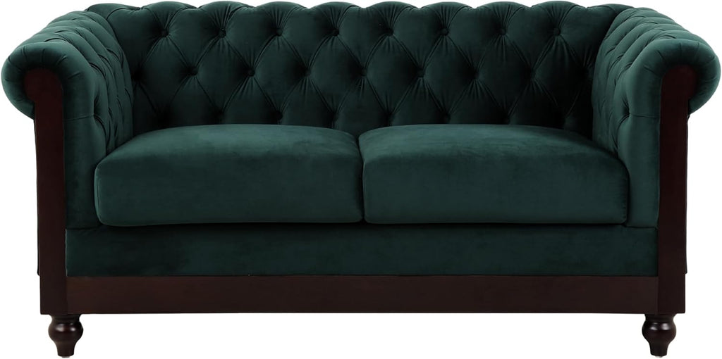 Merax Velvet Chesterfield Sofa, Retro Style Upholstered 3 Seater Leather Couch Rolled Arm for Living Room Bedroom Office, Dark Green