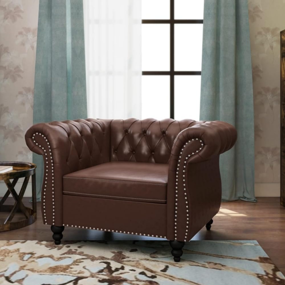 Chesterfield 3 Seater Sofa, Modern Leather Tufted Couch 3 Seater with Rolled Arms and Nailhead Mid-Century Upholstered Couch for Living Room, Bedroom, Apartment and Office, Claret