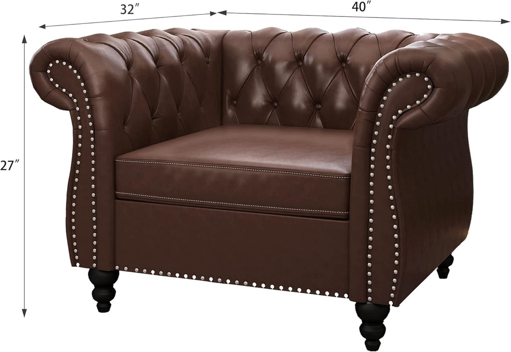 2 Piece Living Room Set, Chesterfield Leather Sofa Couch Chair with Scroll Arms and Nailhead for Living Room, Office (Dark Brown)