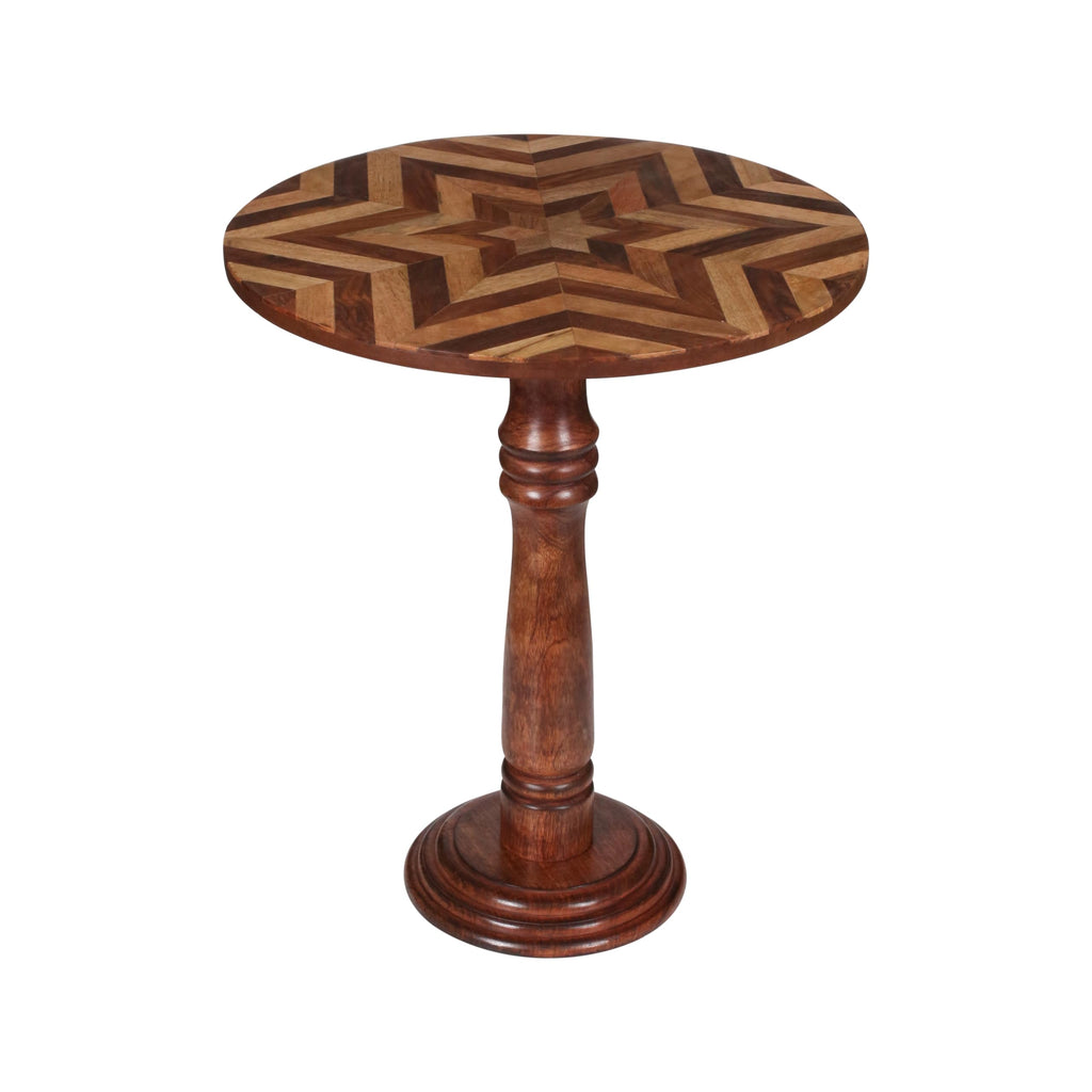 Wooden End Table for Living Room - 18x22 Burnt Finish Carved Side Table, Single Pillar Nightstand, Bedside Table for Books, Plants, Magazines, Small Space Accent Table
