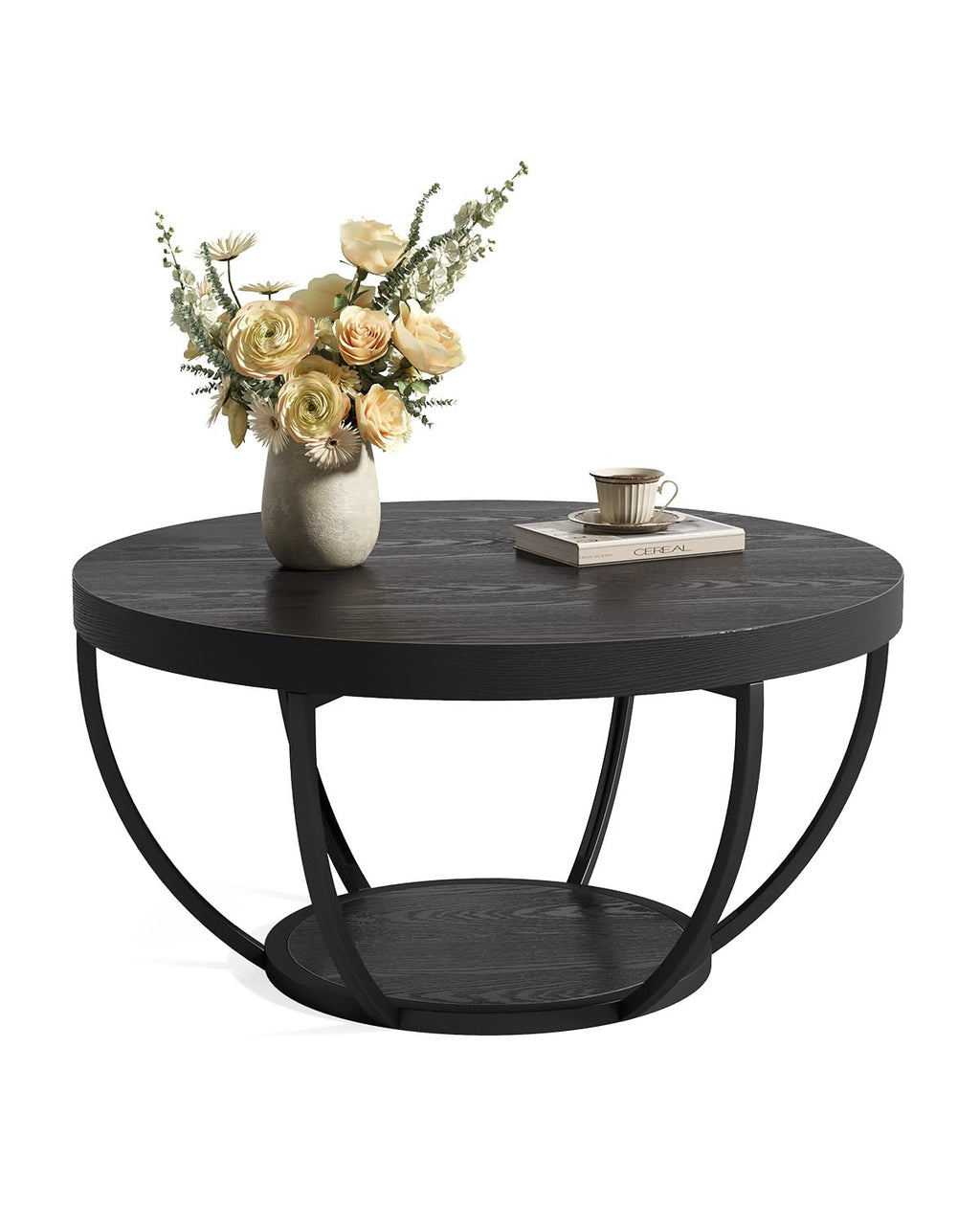 LITTLE TREE Round Coffee Table, 32" Circle Faux Marble Coffee Tables for Living Room, 2-Tier Golden Metal Legs Accent Center Table with Open Storage Modern Design Home Furniture (White and Gold)