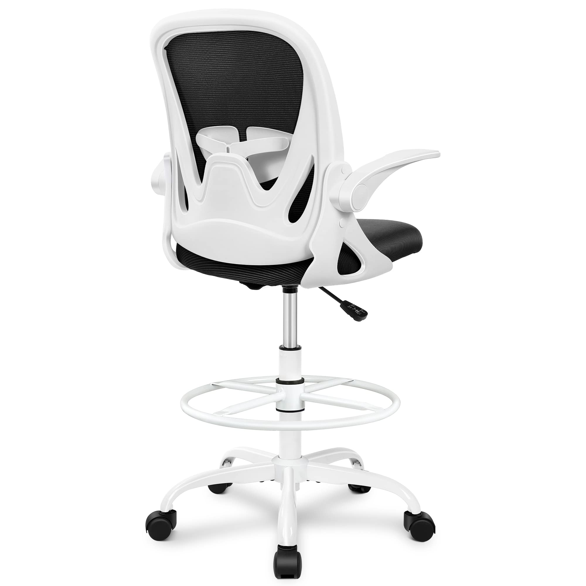 Primy Drafting Chair Tall Office Chair with Flip-up Armrests Executive Ergonomic Computer Standing Desk Chair with Lumbar Support and Adjustable Footrest Ring (Black)