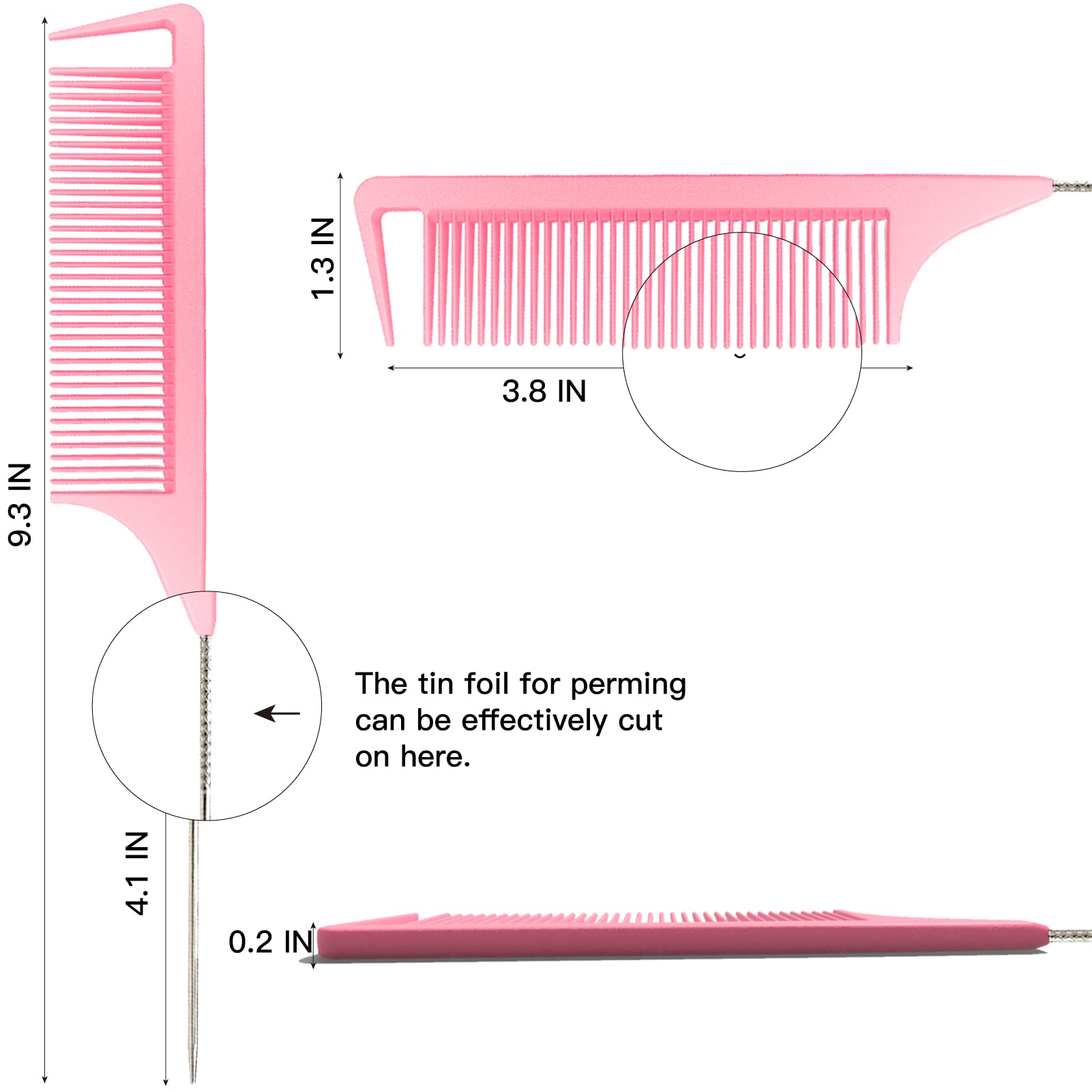 LLTGMV 9.3'' Rat Tail Comb for Hair Stylist, Parting Combs for Braiding hair, Rattail Comb with Metal Stainless Steel Pintail for Sectioning, Teasing and Styling (Pink)