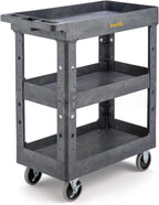 ELAFROS 3 Shelf Heavy Duty Plastic Utility Cart 34 x 17 x 38.5 Inch - Work Cart with 2 Fixed 2 Swivel Wheels and Safely Holds up to 550 lbs - 3 Tier Service Cart Deep Shelves Tool cart, Gray
