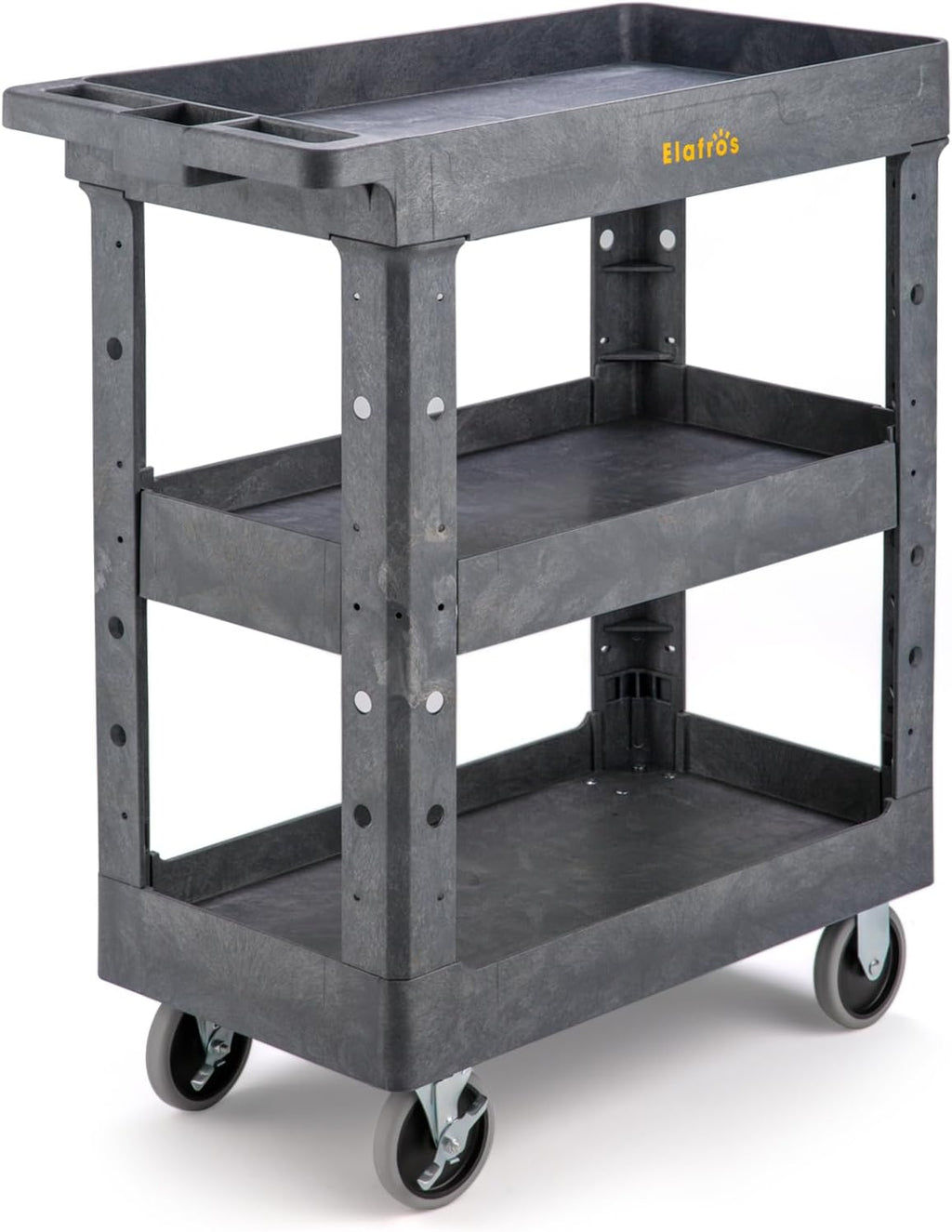 ELAFROS 3 Shelf Heavy Duty Plastic Utility Cart 34 x 17 x 38.5 Inch - Work Cart with 2 Fixed 2 Swivel Wheels and Safely Holds up to 550 lbs - 3 Tier Service Cart Deep Shelves Tool cart, Gray