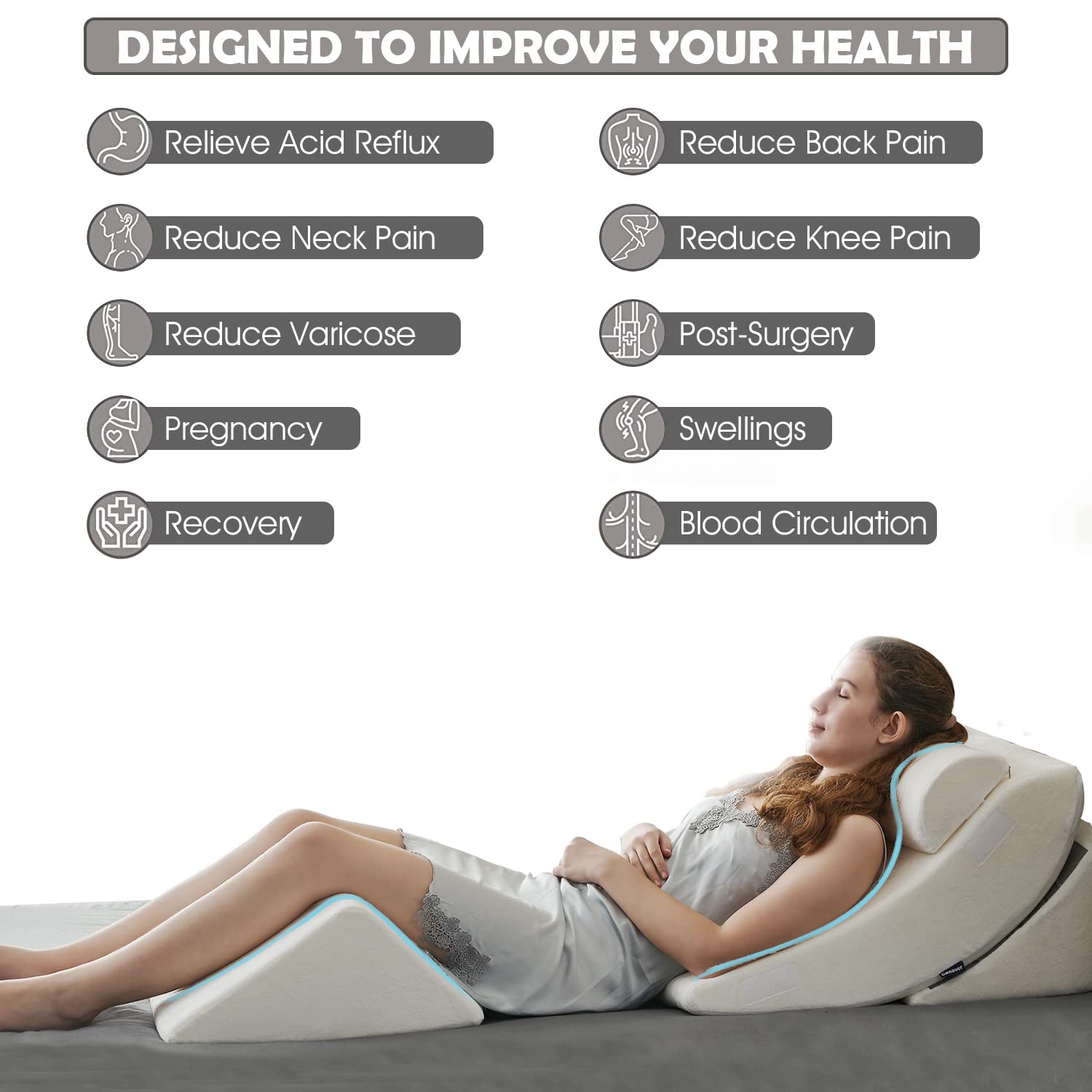 Ganaver 4-częściowy ortopedyczny klin do łóżka Zestaw poduszek Po operacji Relaksująca podpora pleców Regulowana poduszka pod głowę Trójkątna poduszka z pianki memory na refluks kwasowy, do spania, czytania, uniesienia nóg, chrapania