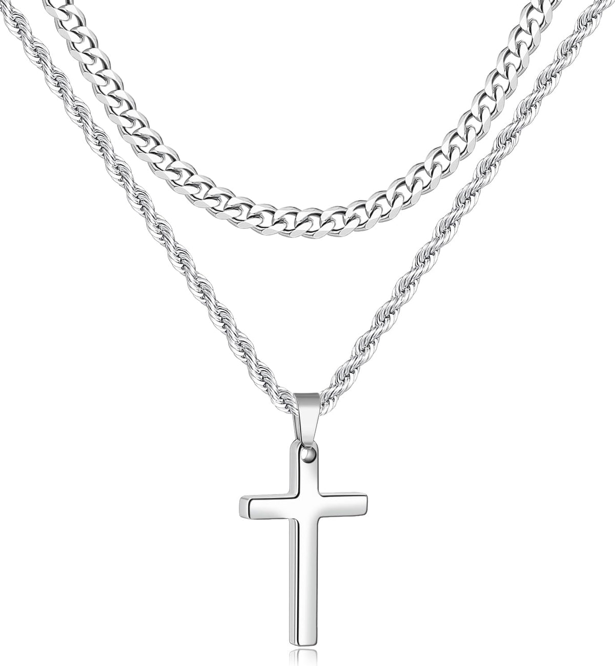 Fiusem 2 Pcs Cross Necklace Chain for Men and Women, Layered Mens Cross Necklaces Stainless Steel Pendant Cuban Link Rope Chain 16-26 Inch