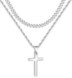 Fiusem 2 Pcs Cross Necklace Chain for Men and Women, Layered Mens Cross Necklaces Stainless Steel Pendant Cuban Link Rope Chain 16-26 Inch