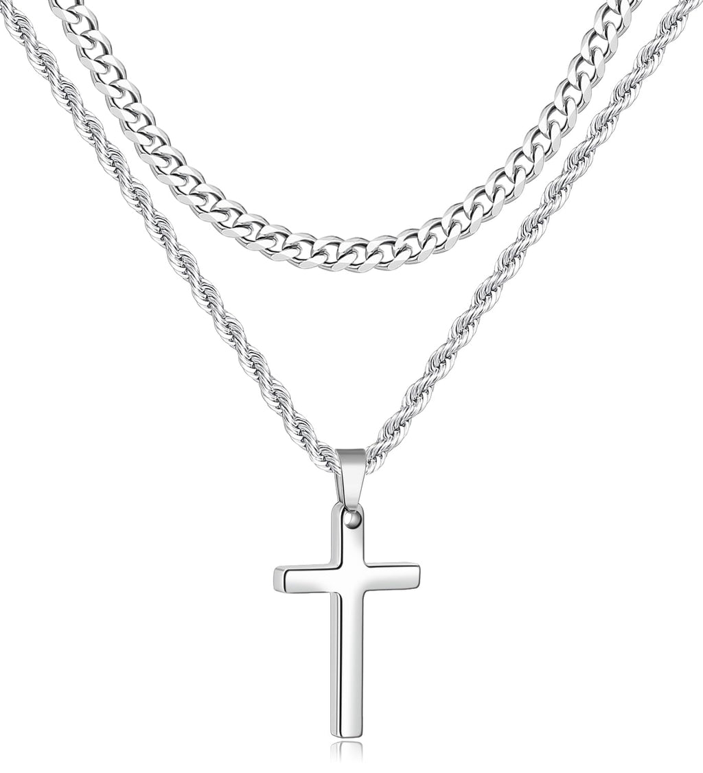Fiusem 2 Pcs Cross Necklace Chain for Men and Women, Layered Mens Cross Necklaces Stainless Steel Pendant Cuban Link Rope Chain 16-26 Inch
