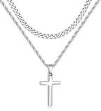 Fiusem 2 Pcs Cross Necklace Chain for Men and Women, Layered Mens Cross Necklaces Stainless Steel Pendant Cuban Link Rope Chain 16-26 Inch