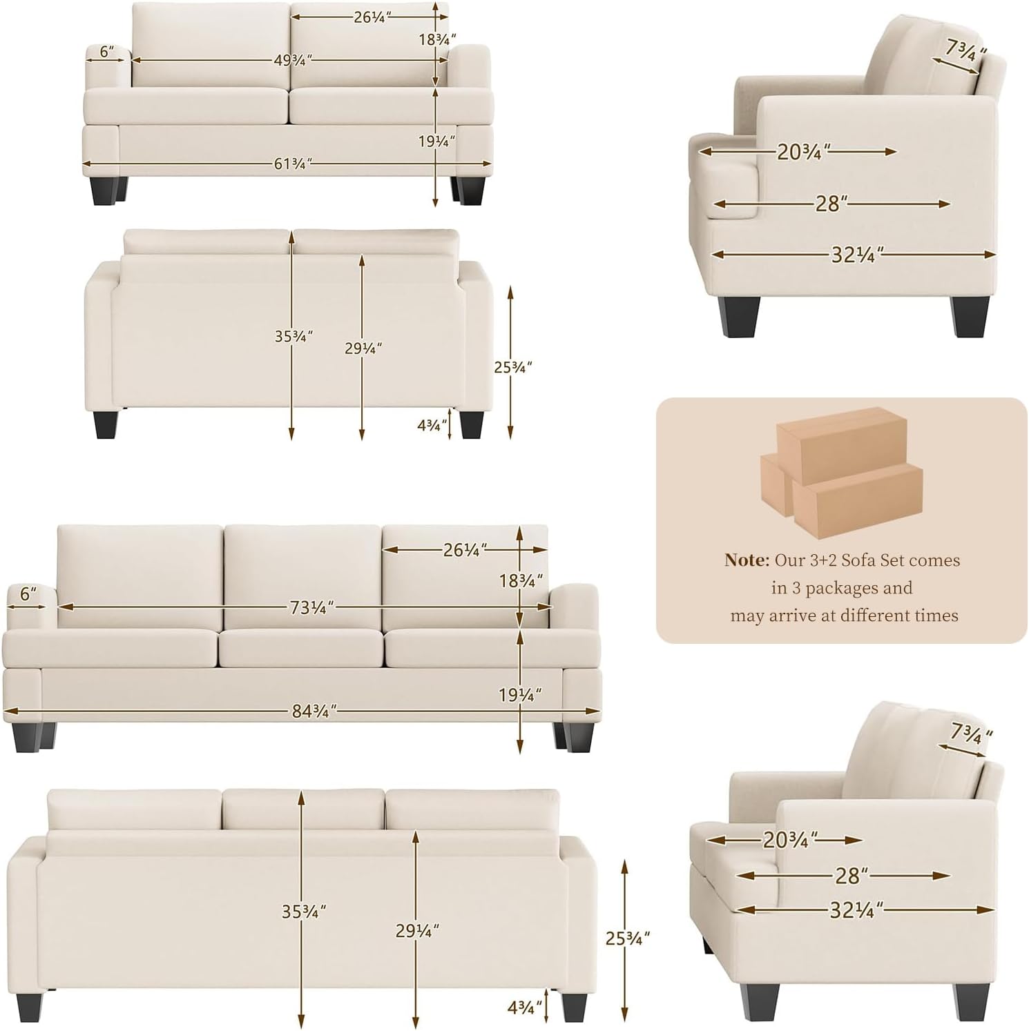 Furnimart Deep Seat Sectional Sofa Set, Modern 3 Seater Couch and Loveseat Sets, Cream Couches Set of 2 for Living Room, Comfy Fluffy Couch with Removable Sofa Cover, Beige Linen