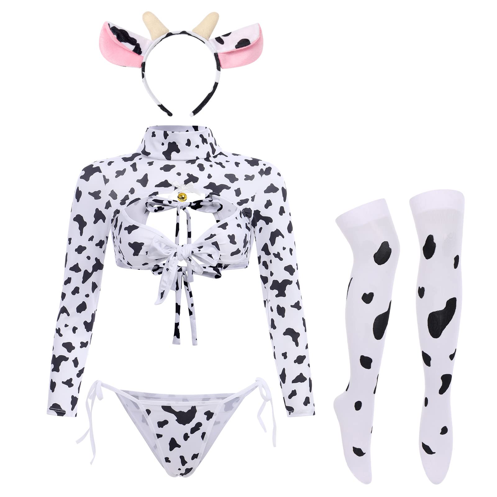 FYMNSI Women Sexy Milk Cow Lingerie Set Anime Maid Cosplay Costume Mini Bikini Bra Bodysuit with Bell Choker Stockings Outfit