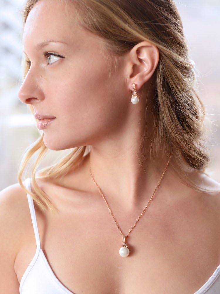 Mariell Pearl Drop Bridal Necklace Earrings Set with CZ Crystals for Bride, Bridesmaid, Birthday Gift