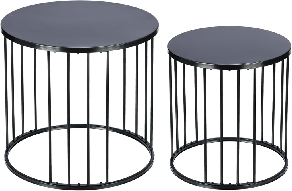 LEWIS&WAYNE Outdoor Side Table Set of 2, Metal Circle Accent End Tables for Balcony Backyard Garden Indoor Living Room, Durable Black Nesting Coffee Tables, 20”+16” Dia