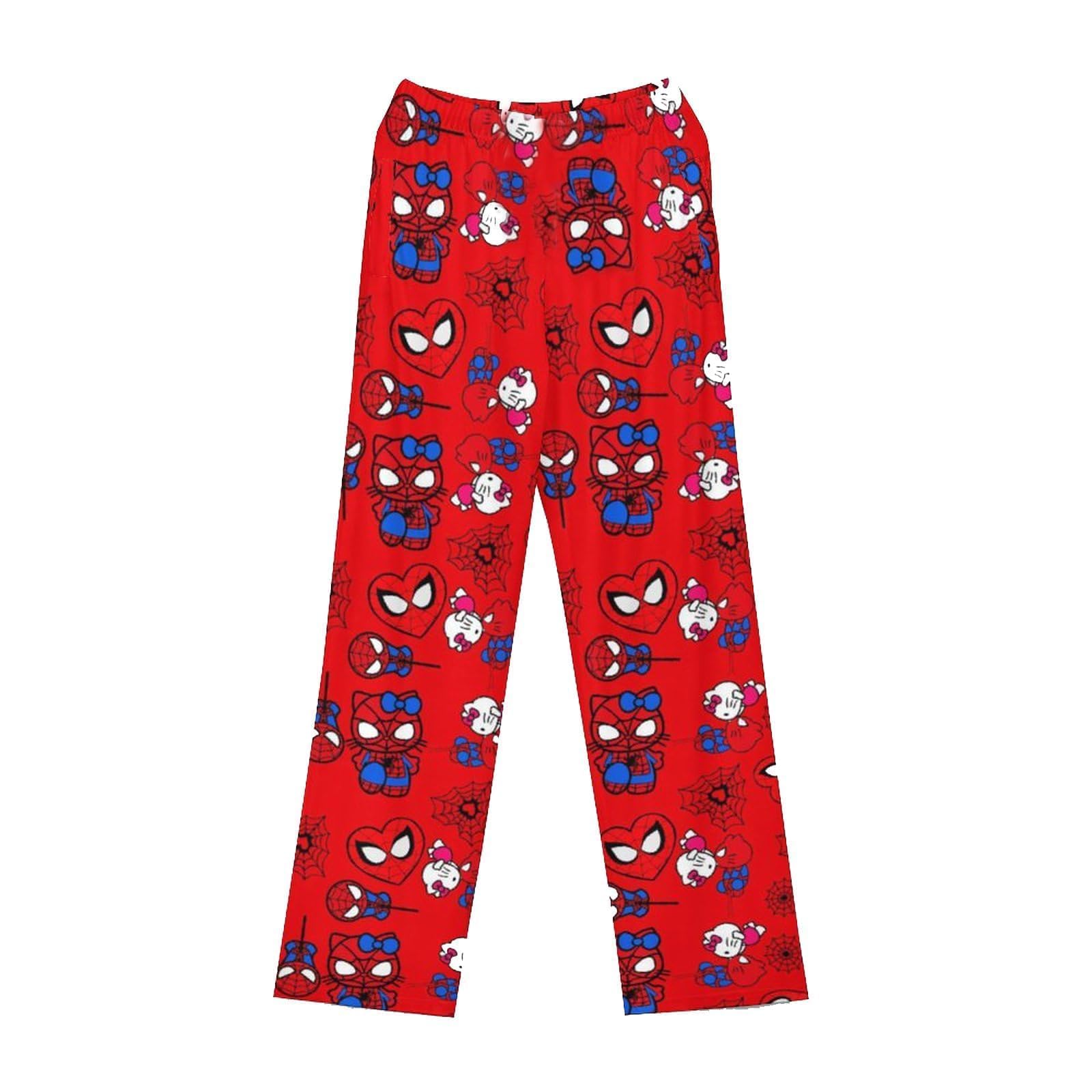 Anime Pajamas for Women Men Cartoon Cat Unisex Couple All Over Print Bottoms Sleep Pajama Pants Christmas Valentine Gifts Red M
