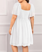 Pinup Fashion Women Plus Size Graduation Dress Bridal Shower Summer Casual Ruffle Sleeve Sweetheart White Chiffon A-Line Short Dresses