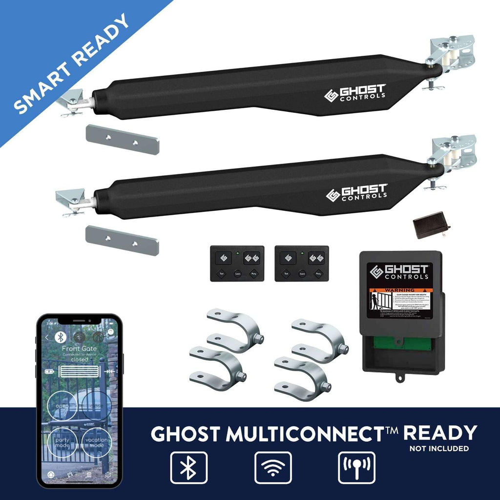 Ghost Controls D Series Dual Smart Ready Automatic Gate Kit with Tube Gate Brackets- DD2U for Swing Gates Up to 1000 lbs. or 12 Feet (ft.) in Length (2. DD2U Dual Kit)