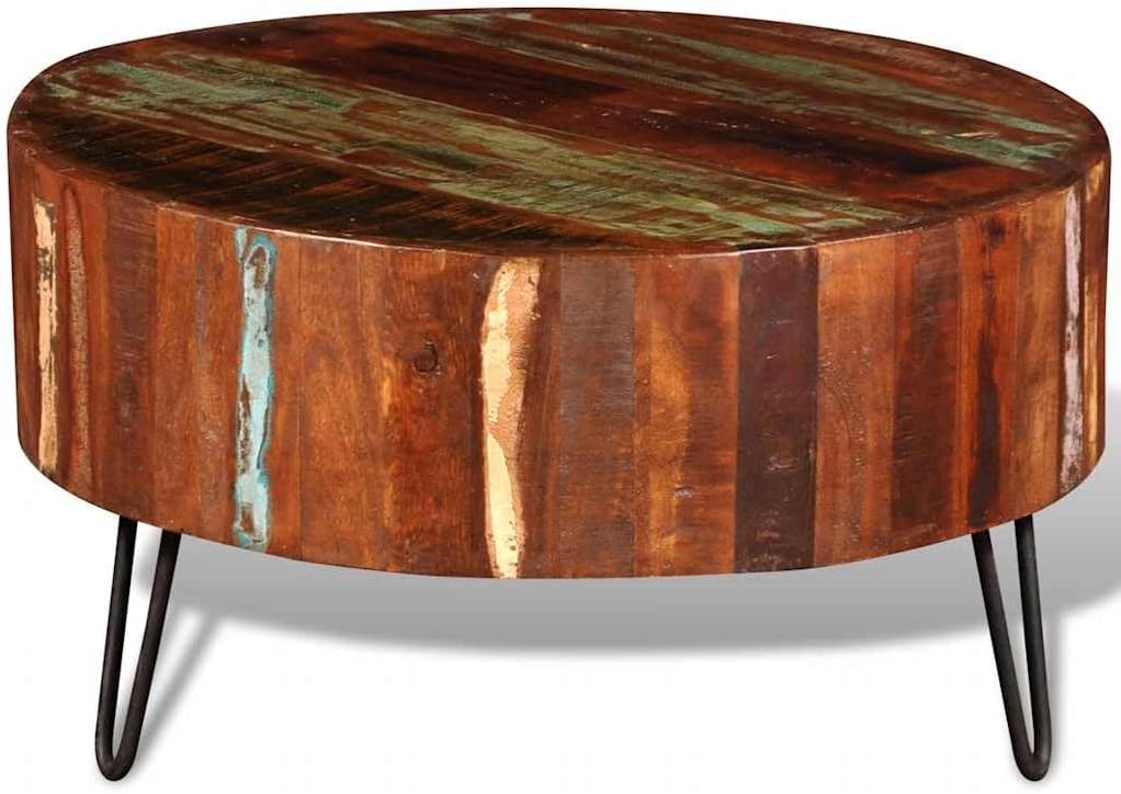vidaXL Coffee Table, Round Center Table, Solid Reclaimed Wood, Iron Legs, Fully Handmade, Multicolor, Living Room, 27.6" Diameter x 15.0"