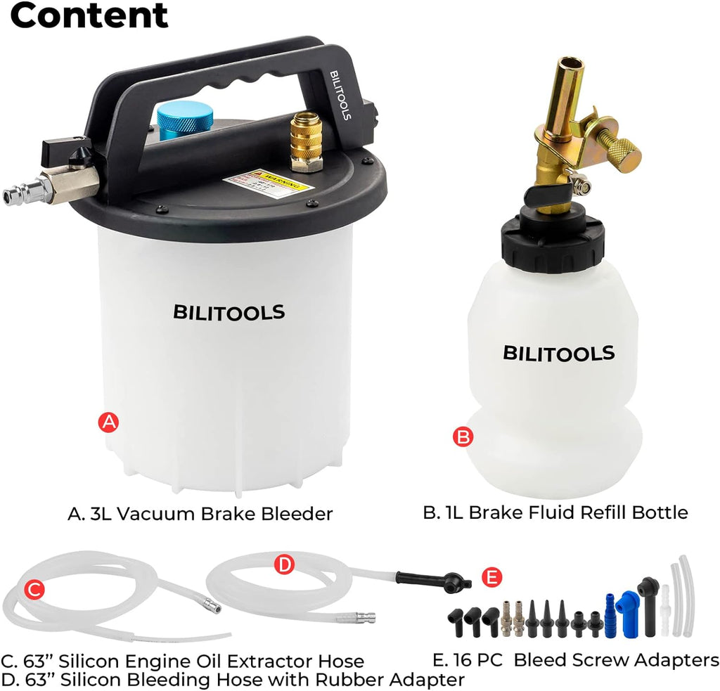 BILITOOLS 3L Brake Bleeder Vacuum Pump Kit, Universal One Person Pneumatic Brake System Clutch Fluid Bleeding Extractor Tool with Adapters & 1L Refilling Bottle