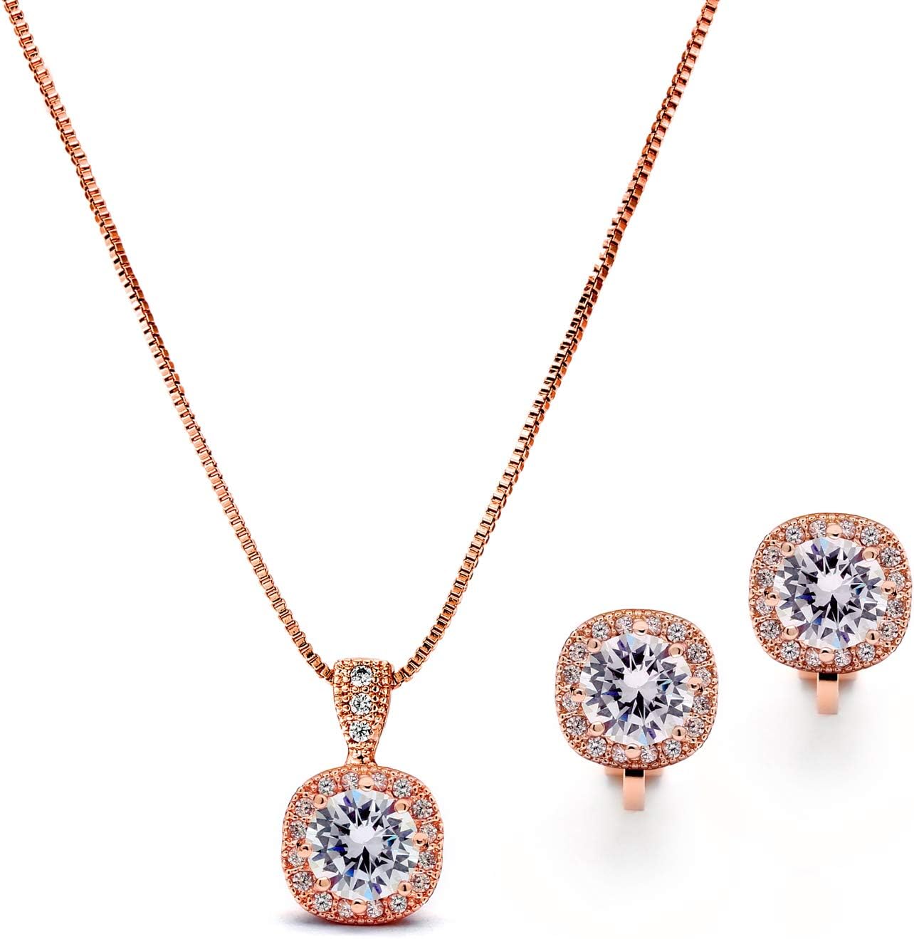 Mariell Rose Gold CZ Crystal Necklace & Clip On Earrings Jewelry Set, 10mm Solitaire with Stud Earrings