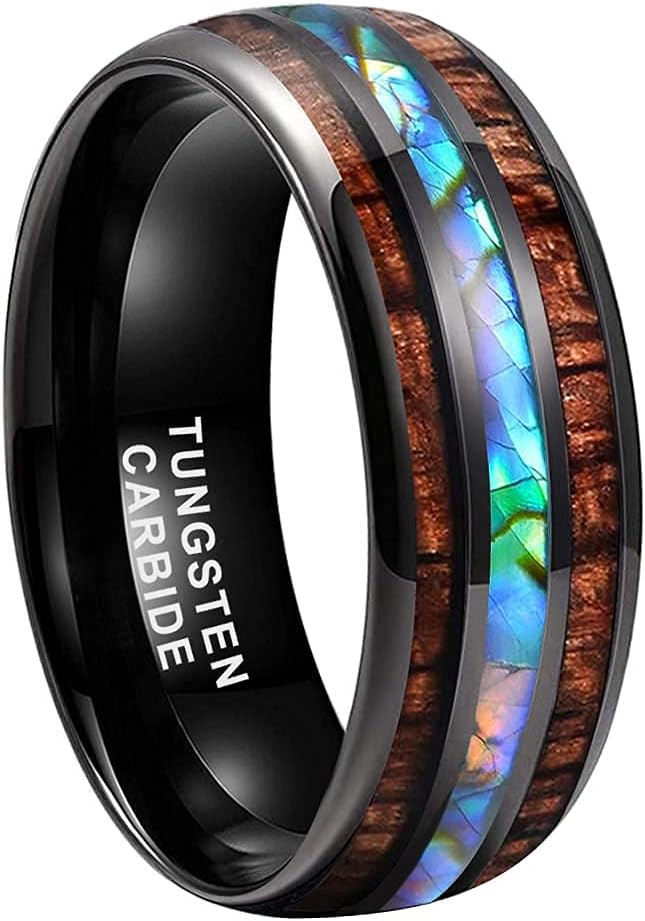 8mm Hawaiian Koa Wood Black Tungsten Carbide Rings Dome Double Grooved Abalone Shell Wedding Bands for Men Women Comfort Fit Size 5-14